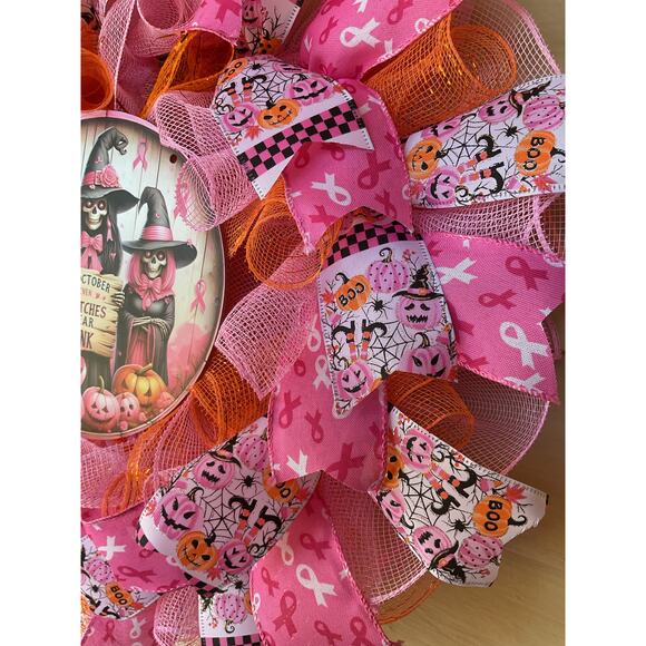 Pink Halloween Witches Breast Cancer Awareness Mesh Ribbon Wreath Door Decor - Picture 4 of 7